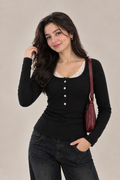 Black Buttoned Lace Henley