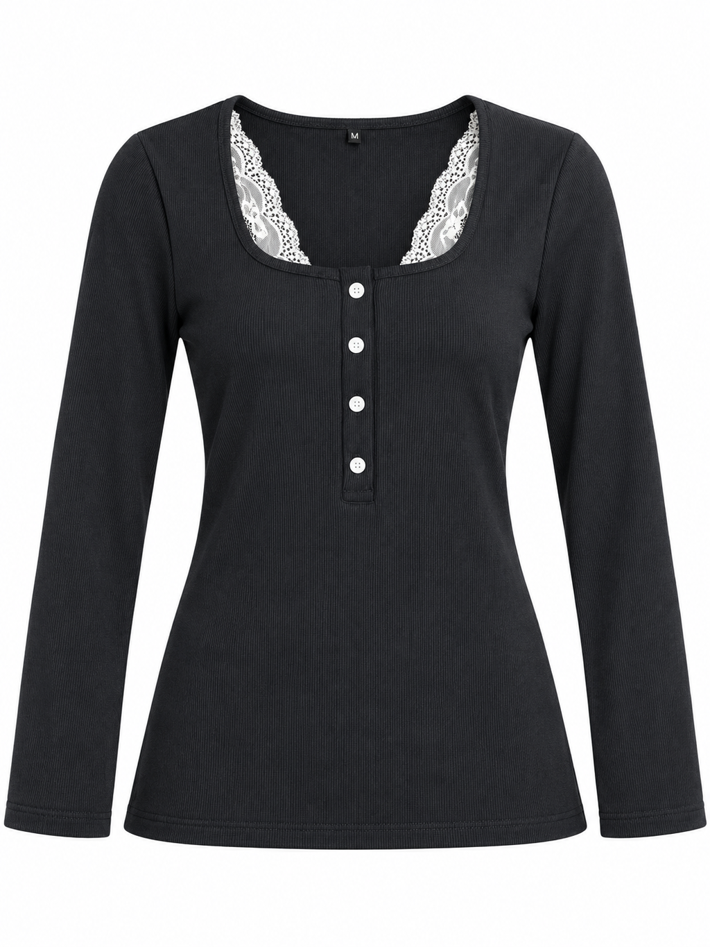 Black Buttoned Lace Henley