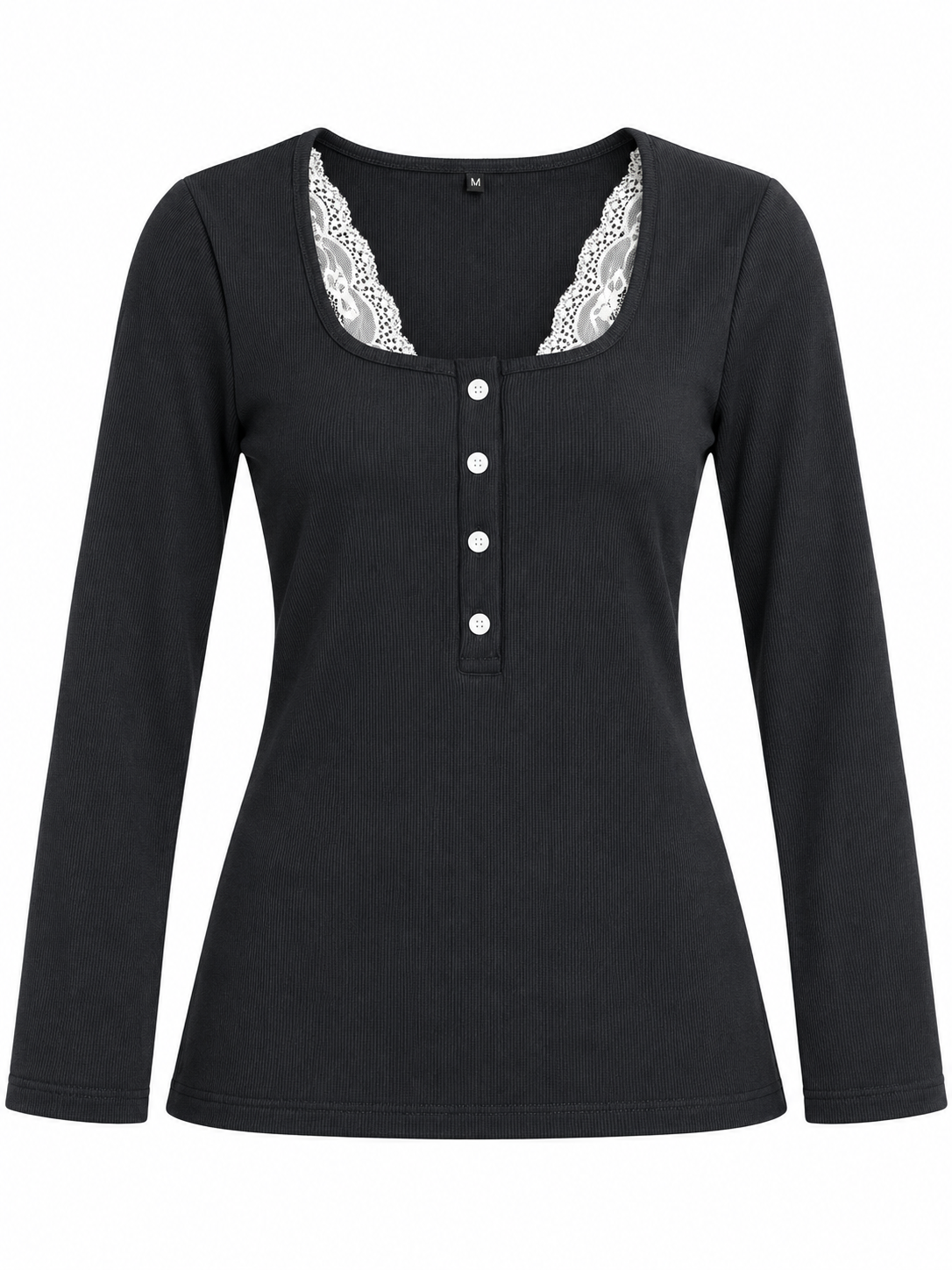 Black Buttoned Lace Henley