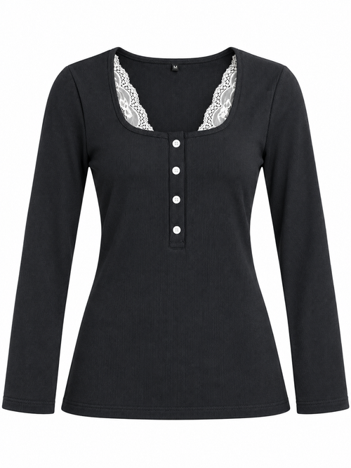 Black Buttoned Lace Henley