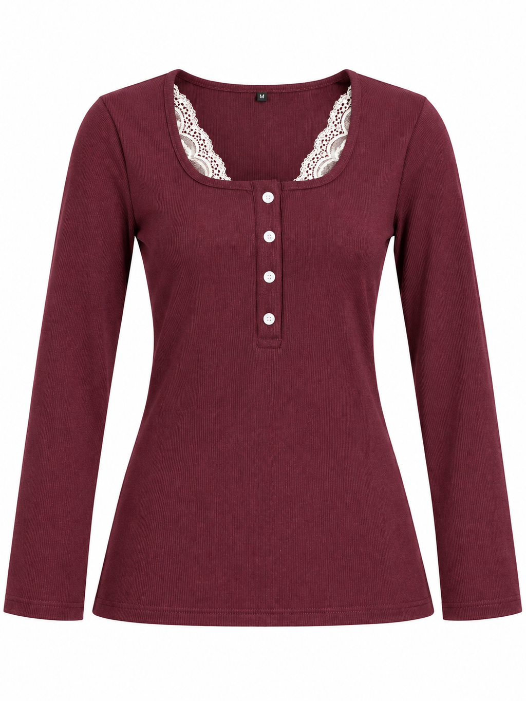 Mehroon Buttoned Lace Henley