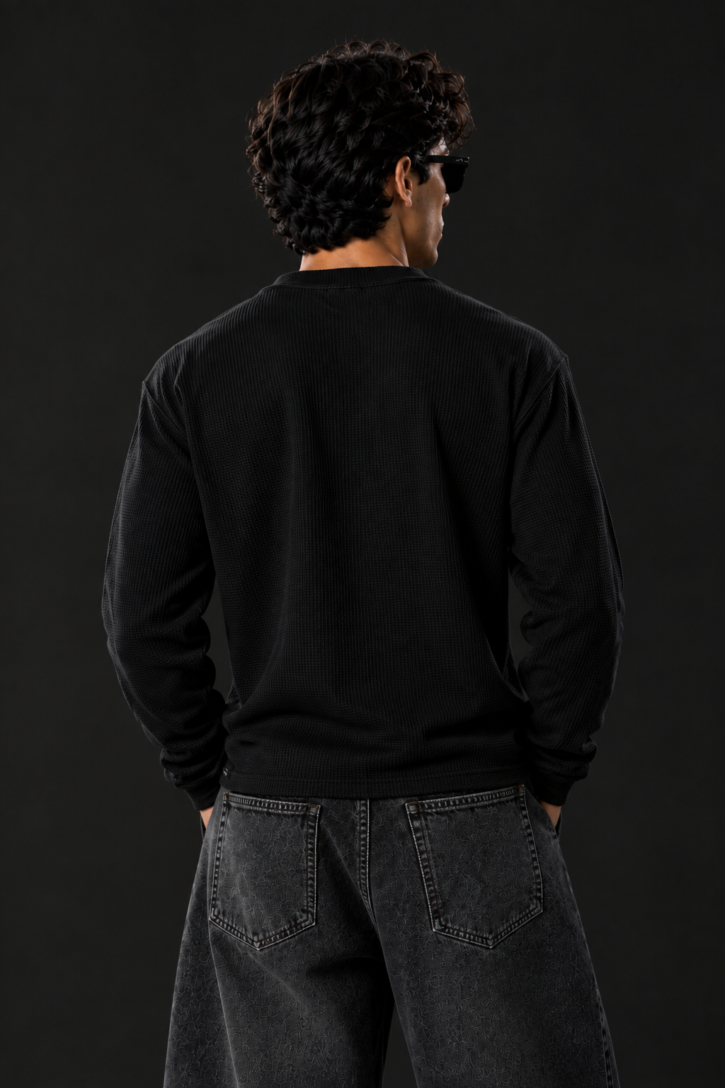 Black | Waffle Knit Henley | Full Sleeves