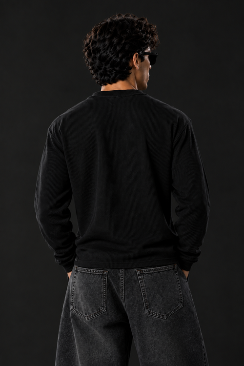 Black | Waffle Knit Henley | Full Sleeves