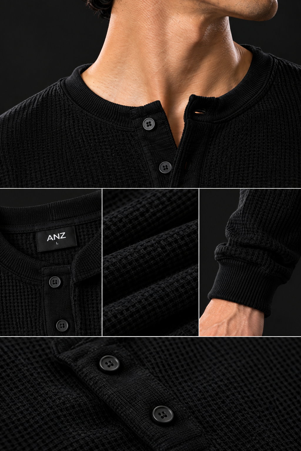 Black | Waffle Knit Henley | Full Sleeves