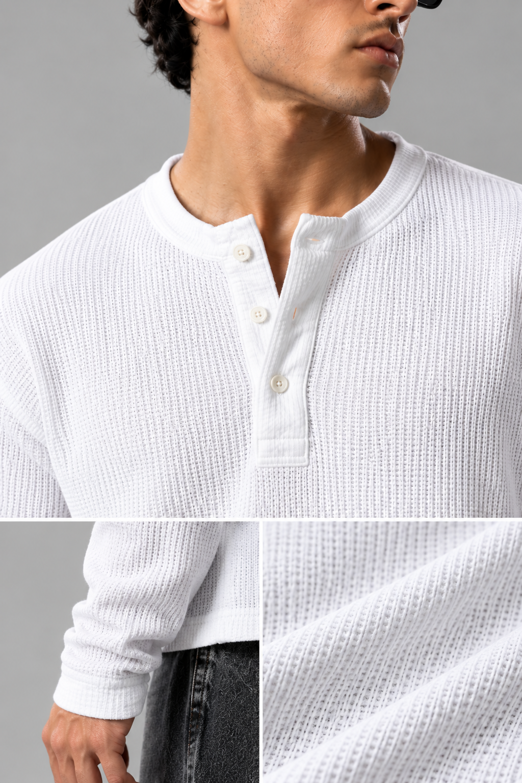 White | Waffle Knit Henley | Full Sleeves