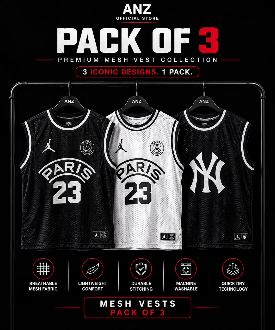 ANZ New York & Paris Streetwear Mesh Vest 3-Pack