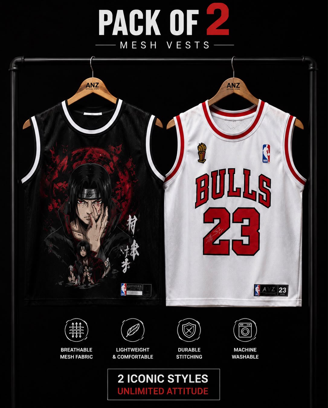 WHITE BULLS & ITACHI UCHIHA VEST (PACK OF 2)